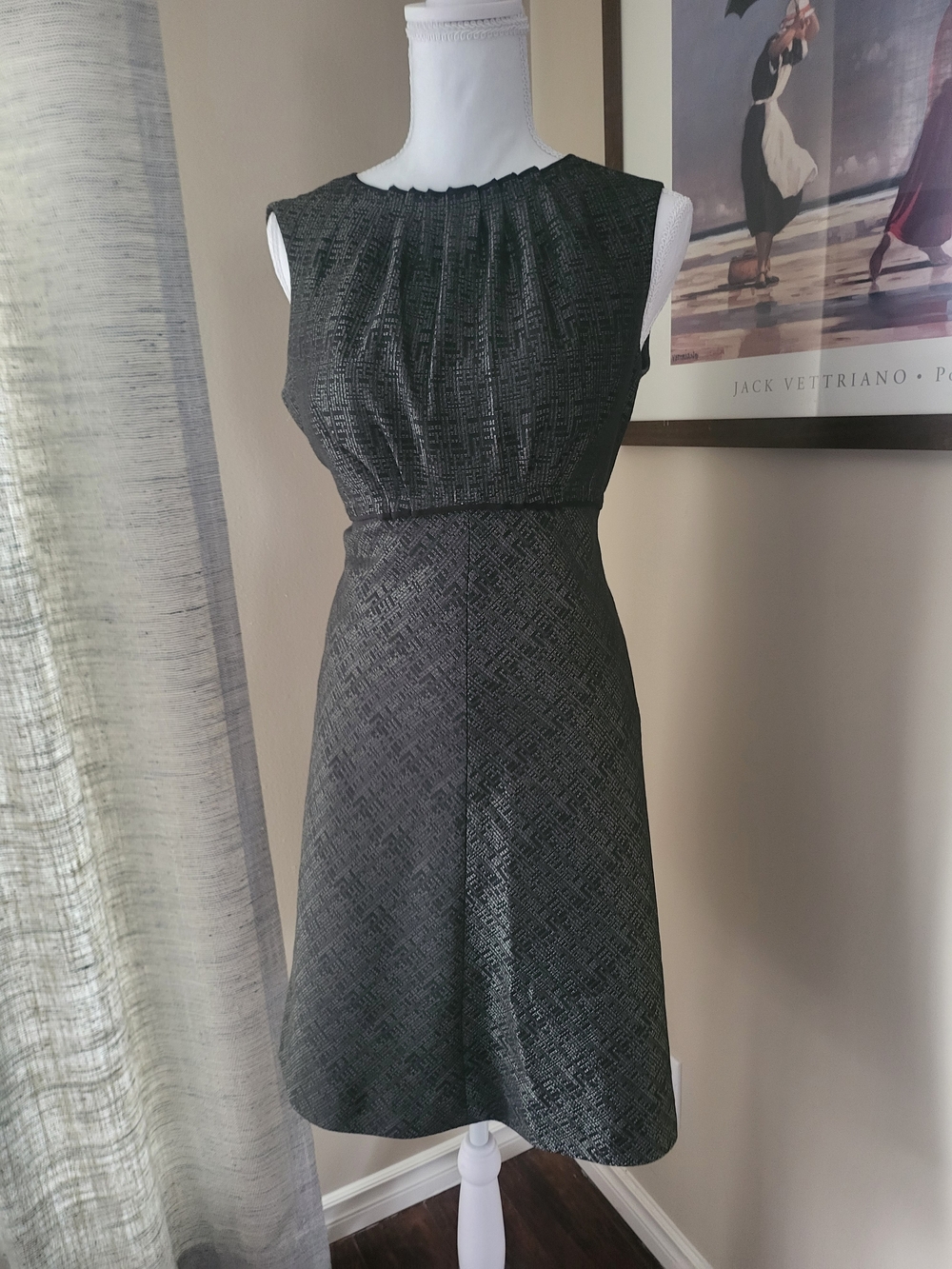 Anne Klein - Sleeveless Textured Fit & Flare Dress - Charcoal Grey/Black